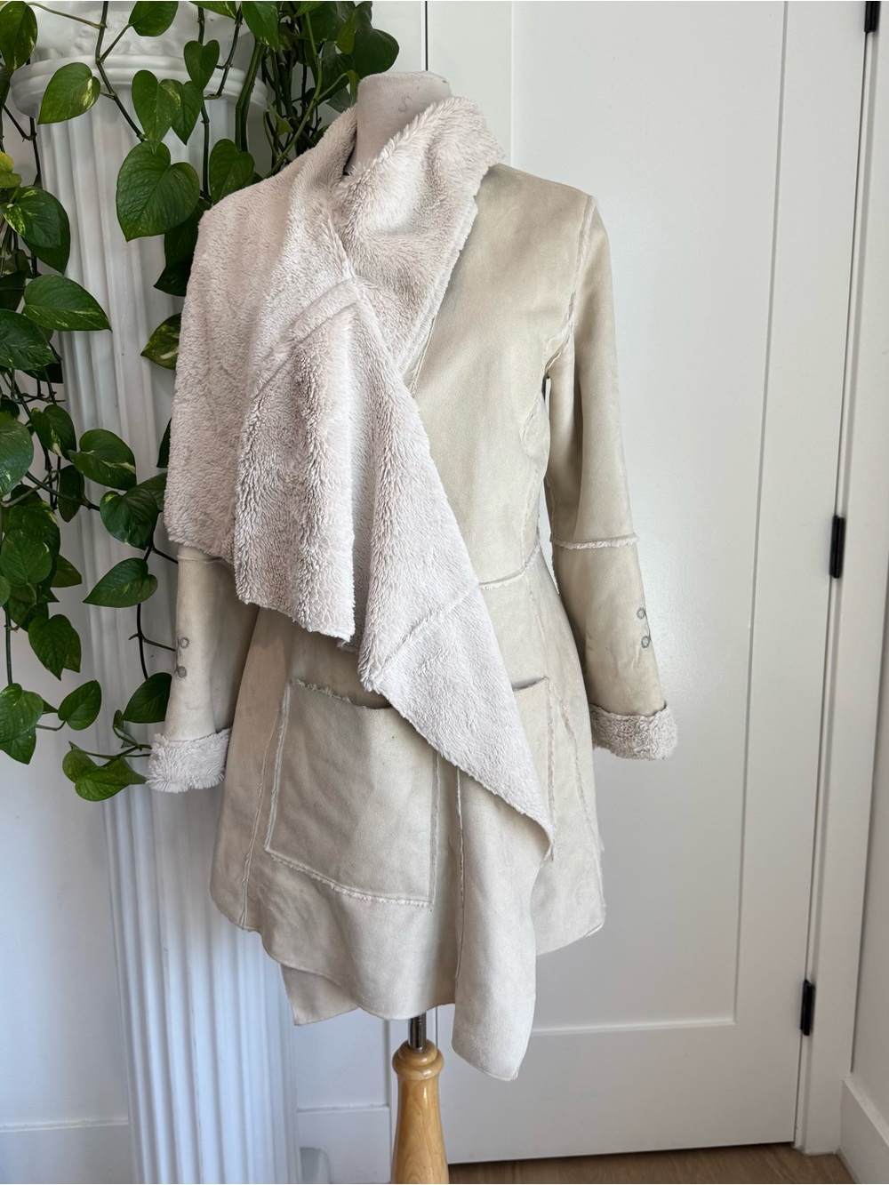 Soft Cream Teddy-Lined Draped Coat